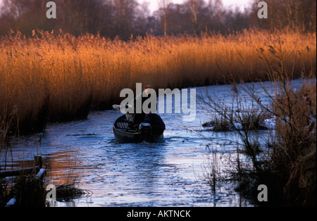 Un sagneur en une écorce dans le parc national De Weerribben l Banque D'Images