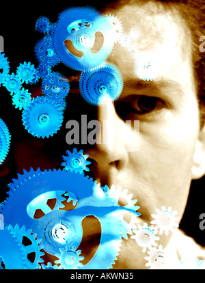 Photo illustration concept homme avec cogs montage détail face close up Banque D'Images
