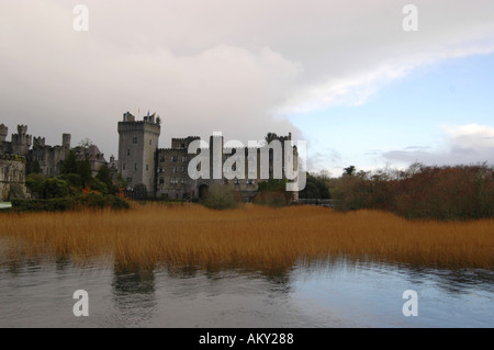 Ashford Castle à Cong Mayo derrière un lit de roseaux vue forme Lough Corrib Banque D'Images