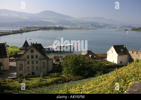 Vue depuis la colline du Château du Lac de Zurich et les îles d'Ufenau et Luetzelau et navires de tourisme dans le port de Rapperswil, S Banque D'Images