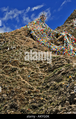 Les drapeaux de prières, Yumbulagang fort près de Lhassa, Tibet, Asie Banque D'Images