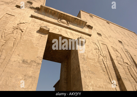 Du temple d'Horus - temple le mieux conservé d'Egypte. plante Dans l'entrée du pylône, Edfou, Egypte Banque D'Images