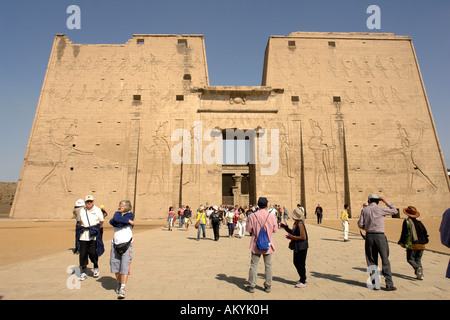 Du temple d'Horus - temple le mieux conservé d'Egypte. plante Dans l'entrée du pylône, Edfou, Egypte Banque D'Images