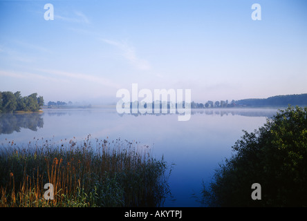 Misty sur le Lac de Mazurie en Pologne. Kolmowo Morgenlicht über dem Kolmowo dans Masuren Voir. Banque D'Images