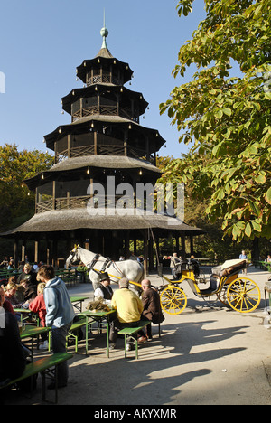 Jardin de bière, Chinesischer Turm, chinois, Englischer Garten, jardin anglais, Munich, Bavière, Allemagne Banque D'Images