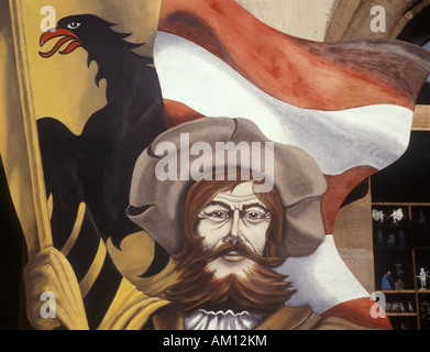 'Cardboard-Landsknecht» avec drapeau-Nuremberg devant une boutique qui vend des tin-figures, Nuremberg, Frankonia, Bavière, Allemagne, Eur Banque D'Images