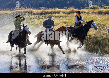 Cowboys équitation dans l'eau, wildwest, Oregon, USA Banque D'Images
