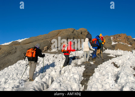 Groupe d'alpinistes randonnée pédestre sur neige dure à Uhuru Peak cratère Kilimandjaro Tanzanie Banque D'Images