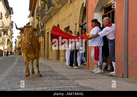 Fiesta et Bull Run dans les rues de Puenta la Reina, en Navarre, Espagne Banque D'Images