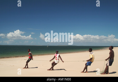 Les pêcheurs travaillant sur la plage pour tirer dans les filets de pêche. Linga Linga, Inhambane, Mozambique, Afrique du Sud Banque D'Images