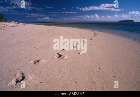 La Mélanésie, ÎLES DU PACIFIQUE Fidji Caqelai Plages Île Footprints in sand donnant sur la distance, sur une plage de sable déserte Banque D'Images