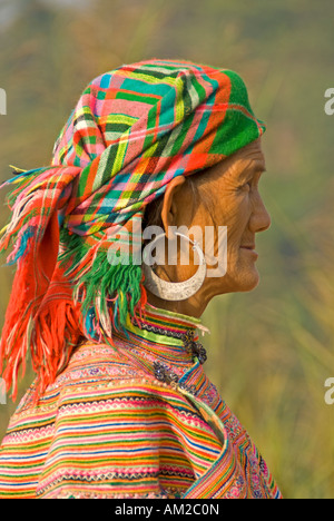 Profil des personnes âgées femme Flower Hmong sur route de Lao Cai à Bac Ha dans le nord du Vietnam Banque D'Images