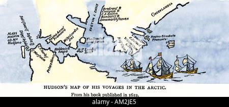 Plan de Henry Hudson voyages dans l'Arctique, publié en 1612. À la main, gravure sur bois Banque D'Images