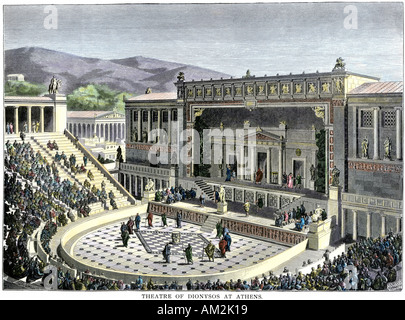 Performance au théâtre de Dionysos à Athènes la Grèce antique. À la main, gravure sur bois Banque D'Images