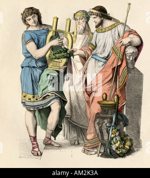 Homme grec jouant de la lyre, un prêtre de Dionysos ou Bacchus, et roi grec tenant une couronne de laurier. Impression couleur à la main Banque D'Images