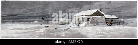 Sod house et dépendances en pleine tempête sur l'ouest des années 1800. À la main, gravure sur bois Banque D'Images