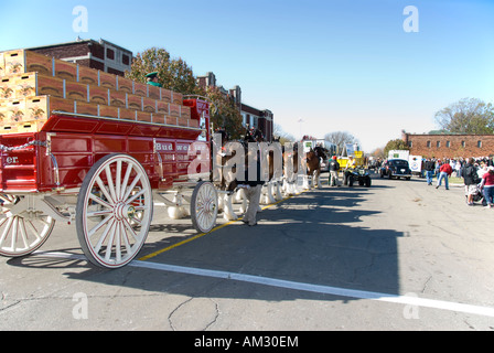 Une bière Budweiser Clydesdale wagon tiré par des chevaux. Parade du centenaire, Guthrie, Oklahoma. Banque D'Images