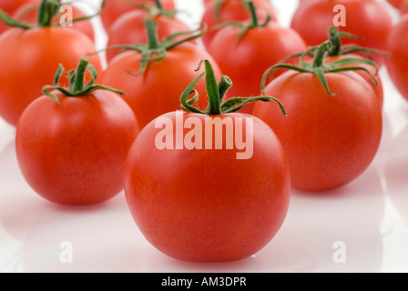 Tomates cerises sur fond blanc Banque D'Images