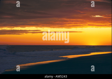 Un coucher du soleil doré sur une plage de l'océan de sable Banque D'Images