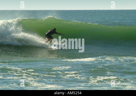 Manèges surfer une vague à Fire Island Robert Moses State Park Long Island New York Banque D'Images