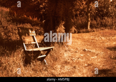 Image sépia d'un fauteuil de jardin en bois dans un jardin boisé. Banque D'Images