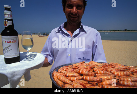 Sanlucar de Barremeda est célèbre pour son langostinos qui sont servi frais dans les restaurants de Bajo de Guia Banque D'Images