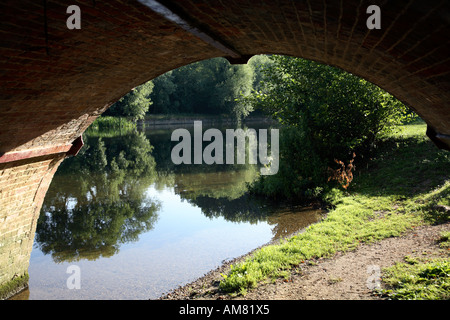 Vue sur la rivière Thames de dessous Sonning Pont à arches Banque D'Images