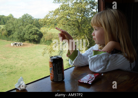 Petite fille dans un train qui admire la vue. Le sud de l'Angleterre, Royaume-Uni Banque D'Images