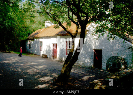 L'Ulster American Folk Park, près de Omagh, dans le comté de Tyrone, Irlande. Les Tisserands Cottage. Traditionnel du 19ème siècle maison au toit de chaume. Banque D'Images