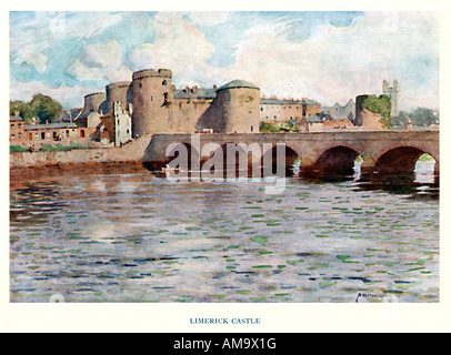 Château de Limerick 1913 aquarelle de King Johns Château vu à travers Thomond Bridge sur la rivière Shannon Banque D'Images