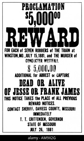 Jesse James Avis de recherche émis par le Gouverneur du Missouri après un vol de train 1881 dans laquelle un conducteur a été tué Banque D'Images