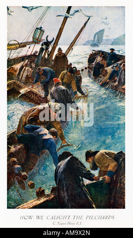 Comment nous avons attrapé la peinture de pilchards 1895 C Napier Hemy de pêcheurs de Cornouailles rassemblement dans leurs prises Banque D'Images