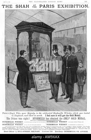 Exposition de Paris 1889 Bushmills annonce pour le vieux whisky irlandais recommandé au Shah par le Prince de Galles Banque D'Images