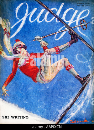 Ski Magazine juge écrit en vedette sur la couverture de 1927, la revue américaine d'un sèche sur la piste Banque D'Images