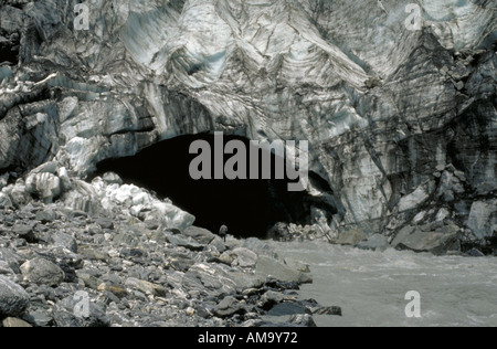 Un homme se tient près de la rivière qui sortent de la bouche de Franz Joseph glacier sur e île du sud de la Nouvelle-Zélande Banque D'Images