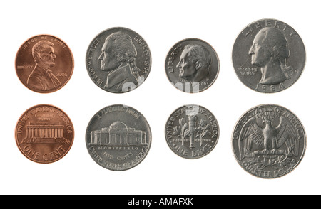 US coins collection isolated on white envers et Banque D'Images