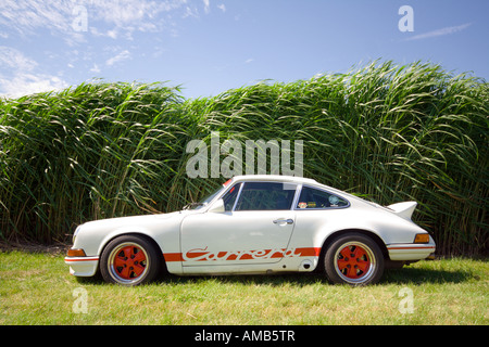 Vue latérale du blanc classique Porsche 911 Carrera RS à l'exposition de voitures historiques, reed en arrière-plan Banque D'Images