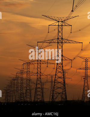 Les lignes de transmission à haute tension au coucher du soleil Banque D'Images