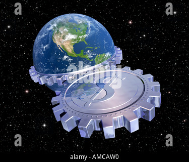 Globe avec des engrenages et le symbole du dollar Banque D'Images