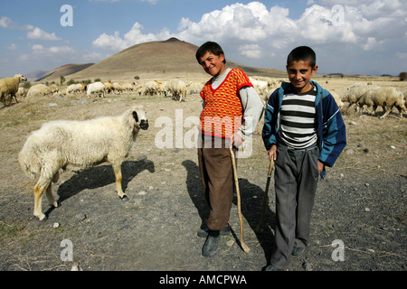 TUR, la Turquie, la Cappadoce, 17.10.2005 : Les jeunes bergers de moutons, près de Derinkuyu Banque D'Images