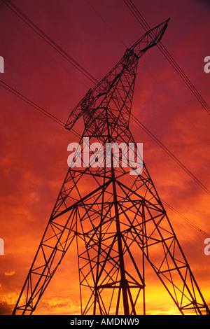 Silhouette de lignes électriques et tour de transmission au coucher du soleil de l'Alberta, Canada Banque D'Images