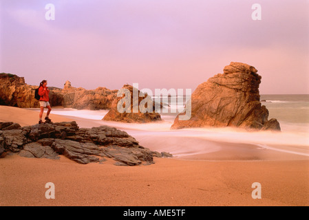 Femme debout sur des rochers sur la plage Banque D'Images