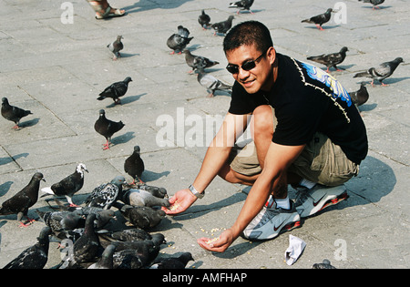 Alimentation tourisme pigeons, Piazza San Marco, la Place Saint Marc, Venise, Italie Banque D'Images