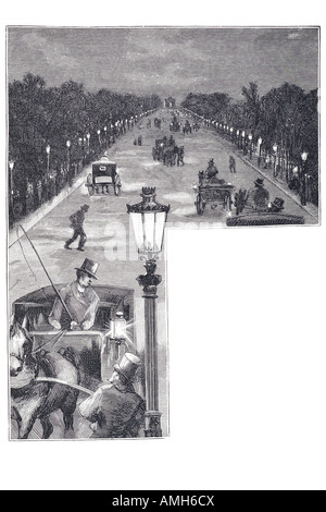 Avenue du Bois de Boulogne, rue Lanterne lumière gaz nuit horse carriage road avenue crépuscule soir park Paris Parisian France Fra Banque D'Images