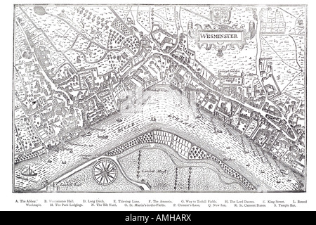 Plan 1593 Plan Westminster tamise cartographique plus capitale Londres Angleterre Anglais Grande-bretagne British UK United Kingdo Banque D'Images