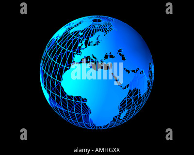 Globe bleu sur fond noir. L'Europe, l'Afrique et certaines parties de l'Asie sont visibles. Banque D'Images