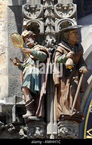 Horloge astronomique Détail montrant la vanité et la cupidité de la place de la Vieille Ville Prague République tchèque l'Europe de l'UE Banque D'Images
