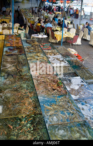 Vivent les poissons et les fruits de mer dans des réservoirs à un restaurant de fruits de mer chinois Sai Kung Hong Kong Banque D'Images