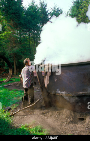 La fabrication de charbon de bois dans une forêt dans le Chiltern Hills avec la fumée de la cheminée avec les fours. Banque D'Images