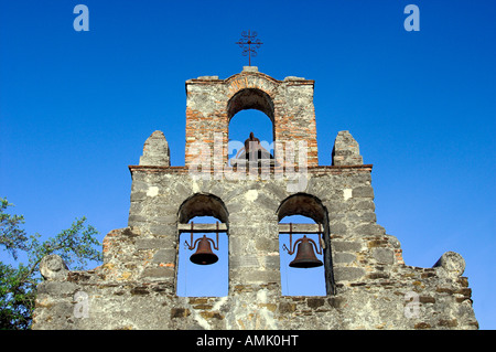 Le clocher de la Mission San Francisco de la Espada à San Antonio Texas USA Banque D'Images